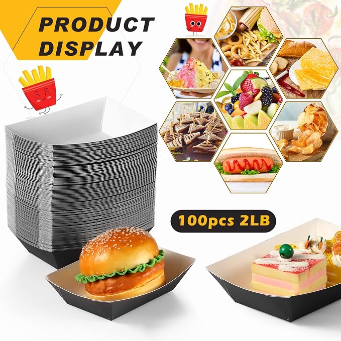 Yinkin 100 Pcs 2lb Paper Food Trays Boat 2lb Disposable Nacho Trays Kraft Paper - Image 3