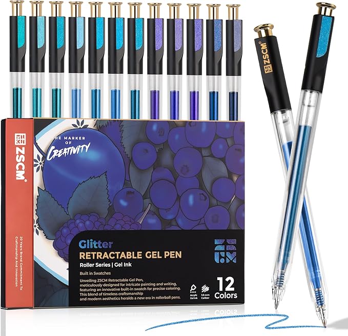 ZSCM Retractable Glitter Gel Pens, 12 Colors Large Capacity Blue Glitter by ZSCM
