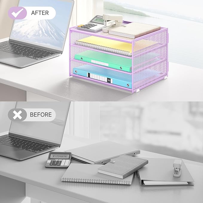 Lavatino 3-Tier Letter Tray Desk Organizer – Purple Mesh Metal Paper File Tray - Image 2