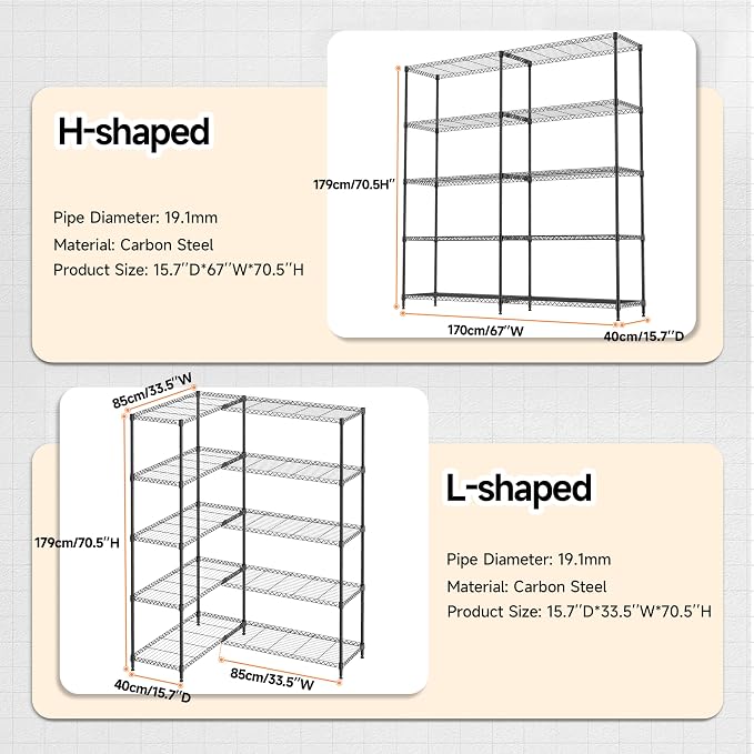 M MZG 5 Tiers Storage Shelves Load 1500LBS, Metal Shelving Wire Metal Shelving - Image 3