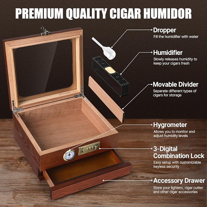 Tesonway Cigar Humidor, Cedar Wood Humidor Cigar Box, Glass Top Desktop Humidor - Image 2