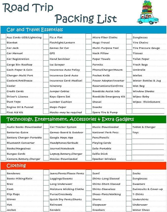 Ultimate Road Trip Planner Packing Checklist -Laminated & Double Sided by ZieglerWorld