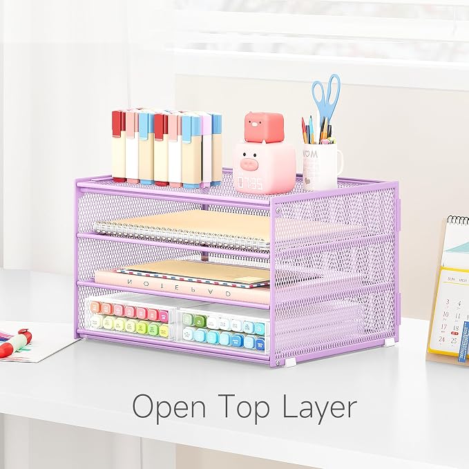 Lavatino 3-Tier Letter Tray Desk Organizer – Purple Mesh Metal Paper File Tray - Image 5