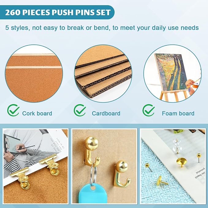 350 Pcs Gold Push Pins Set 5 Styles Decorative Thumb Tacks Assorted Push Pins - Image 4