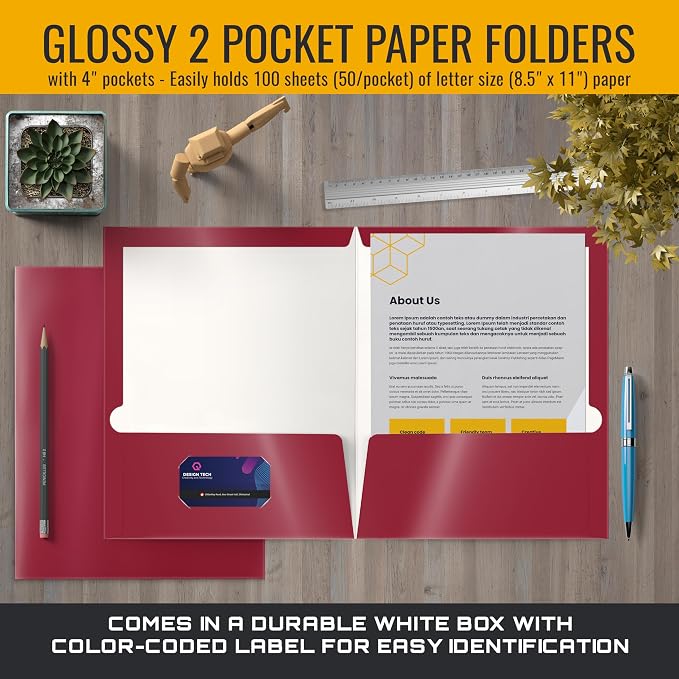 Better Office Products 2 Pocket Glossy Laminated Burgundy Red Paper Folders - Image 4