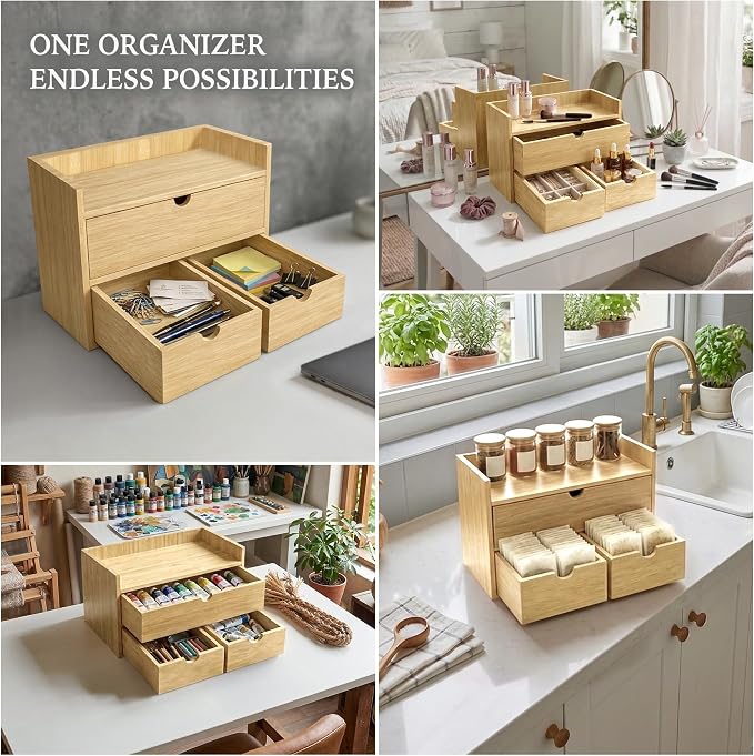 Bamboo Desk Organizer with 3 Drawers and Shelf, Desktop Drawers Wooden Storage - Image 6