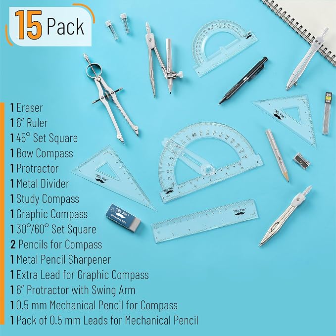 Mr. Pen- Geometry Set, Light Grey, 6 Inch Swing Arm Protractor | Divider - Image 2