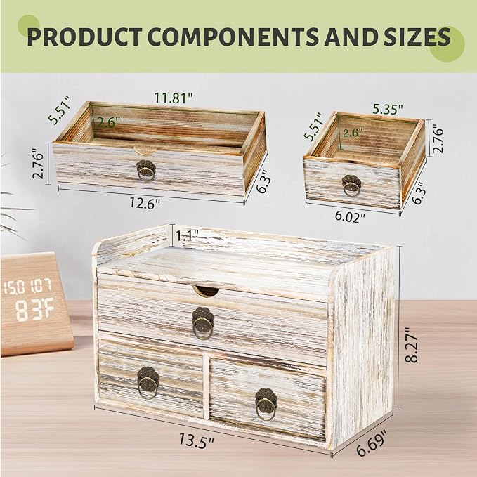 Wood Desk Organizer with Drawer, Vintage Brown Wooden Desktop Organizer - Image 3