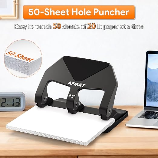 AFMAT Heavy Duty 3 Hole Punch, 50-Sheet Capacity, 50% Reduced Effort Three Hole - Image 3