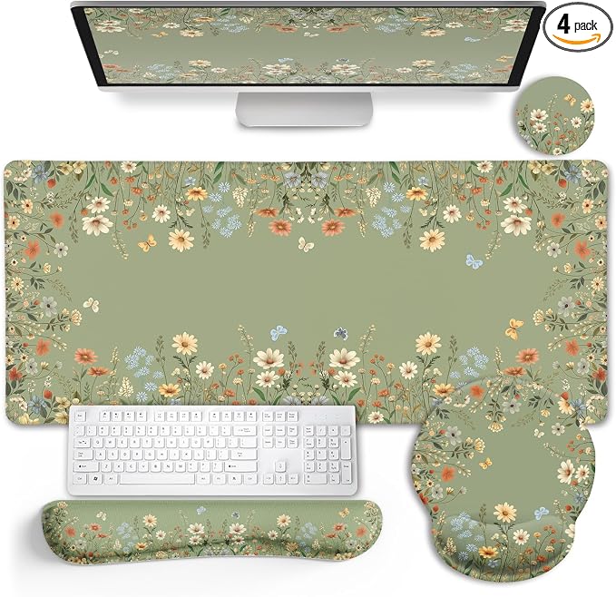 LIMKRIAN Floral Desk Mat Set, Cute Green Desk Accessories Gifts by LIMKRIAN