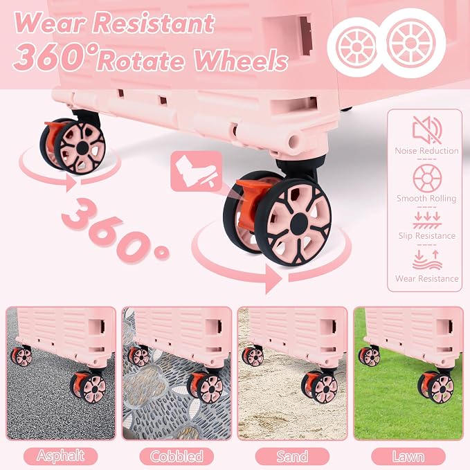 FELICON SELORSS Folding Utility Cart Portable Rolling Crate Handcart-Pink | - Image 5