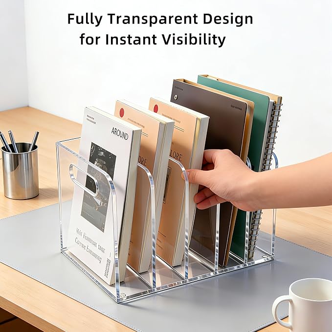 Acrylic Magazine File Holder, 5 Vertical Compartments Desk Document Sorter - Image 5