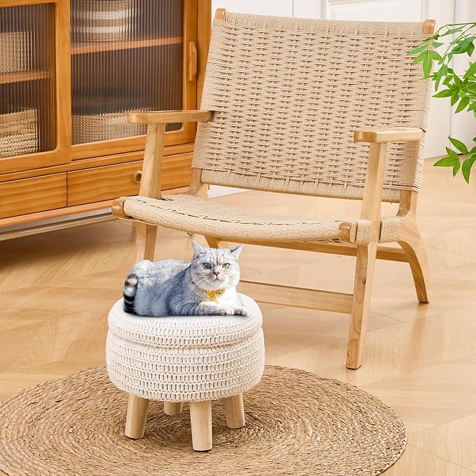 Wimarsbon Pouf Ottoman, 100% Cotton Knitted Boho Footstool, Round Footrest - Image 2