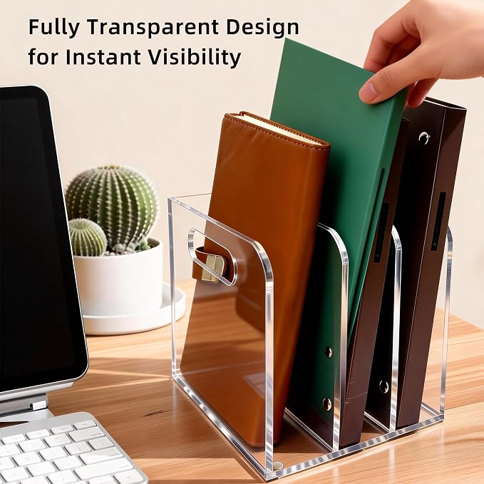 Acrylic Magazine File Holder, 3 Vertical Compartments Desk Document Sorter - Image 4