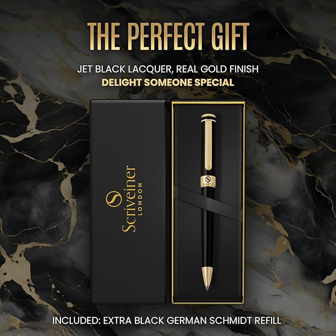 Scriveiner Black Lacquer Ballpoint Pen -Stunning Luxury Pen, Real Gold Plating - Image 3