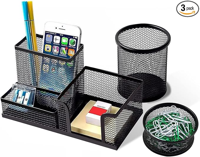 Pen Holder for Desk, Desk Organizers Set-3 Compartments Mesh Pencil Holder by Moonlik