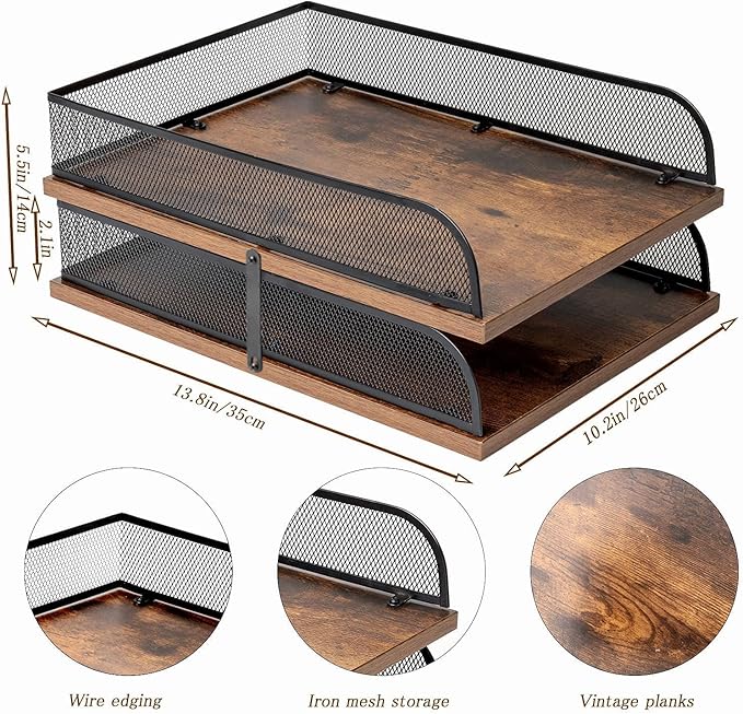 Set of 2 Vintage Wood & Metal Letter Tray，Desk Organizers Paper Tray，Office - Image 2