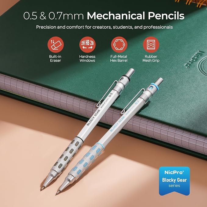 Nicpro Blocky Gear 0.5 mm & 0.7 mm Mechanical Pencils Set in Case, Metal Pencil - Image 2