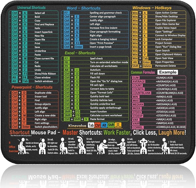 Kinevolve Mouse Pad for Excel/Word/PowerPoint/Windows Shortcuts – Small Excel by Kinevolve