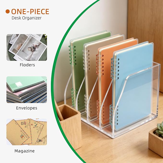 Acrylic Magazine File Holder, 4 Vertical Compartments Desk Document Sorter - Image 4