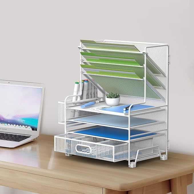 MINDEPOT 4-Tier Paper Organizer + 3-Pocket File Holder + Drawer + Pen Holders - Image 6