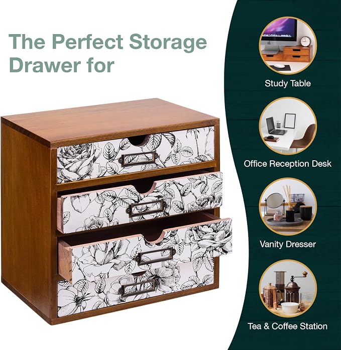 Vintage Desk Organizer with 4 Black & White Floral Drawers - Image 7