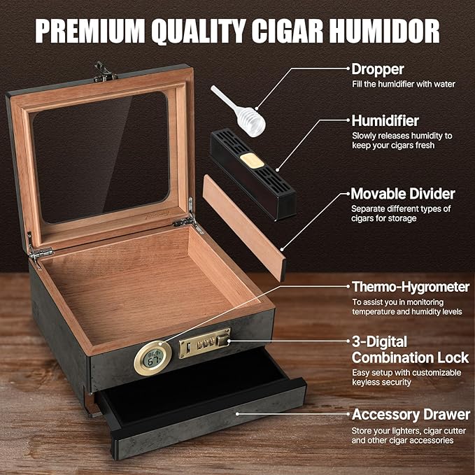 Tesonway Cigar Humidor, Cedar Wood Humidor Cigar Box, Glass Top Desktop Humidor - Image 2