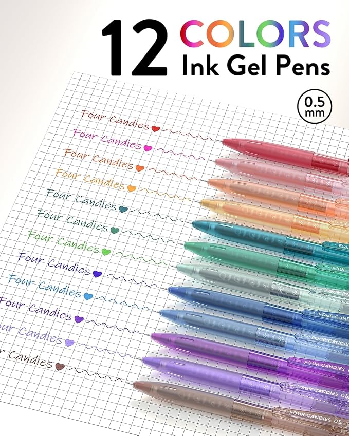 Four Candies 12 Pack 0.5mm Cute Quick-Dry Retractable Colored Gel Pens | 12 Ink - Image 7
