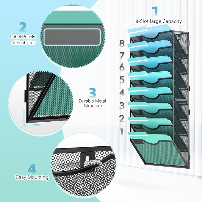 Gawerk 8-Tier Wall File Organizer Hanging Wall File Holder Wall Mount Paper - Image 3