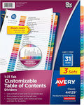 Avery 1-31 Dividers for 3 Ring Binders, 31 Tabs per Set, Customizable Table of by Avery