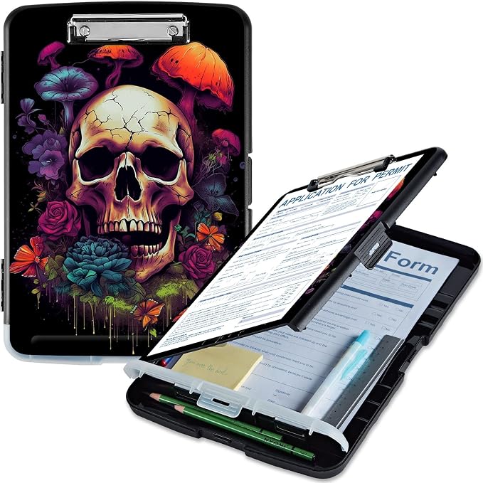 Clipboard with Storage, High Capacity Flower Skull Storage Clipboard 9.5x14 by Qindaiwen