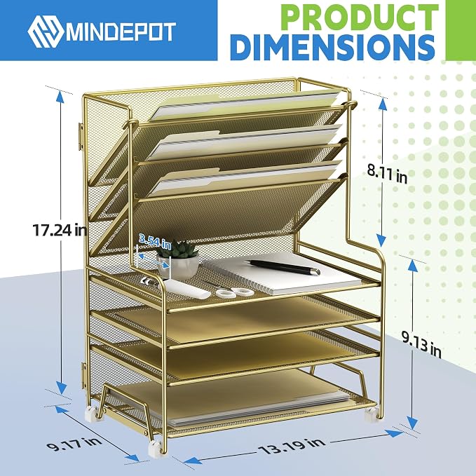 MINDEPOT 4-Tier Paper Organizer + 3-Pocket File Holder + Drawer + Pen Holders - Image 2