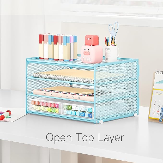 Lavatino 3-Tier Letter Tray Desk Paper Organizer – Blue Mesh Metal File Tray - Image 6