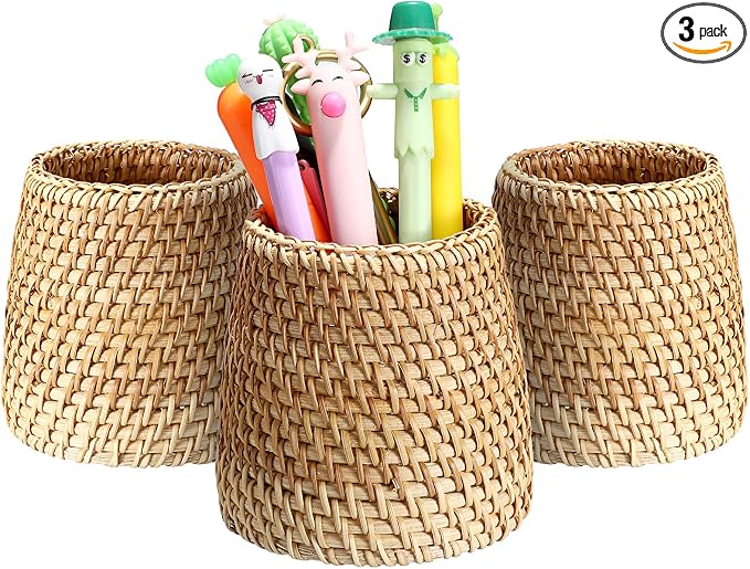 BTSKY 3 Pack Rattan Pen Cup, Handmade Desk Pencil Holders Makeup Brush Holder by BTSKY