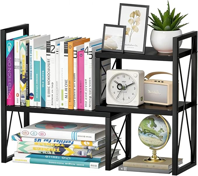Expandable Desktop Shelf Organizer, 2 Tier Wood Desk Shelf by Yelinkws