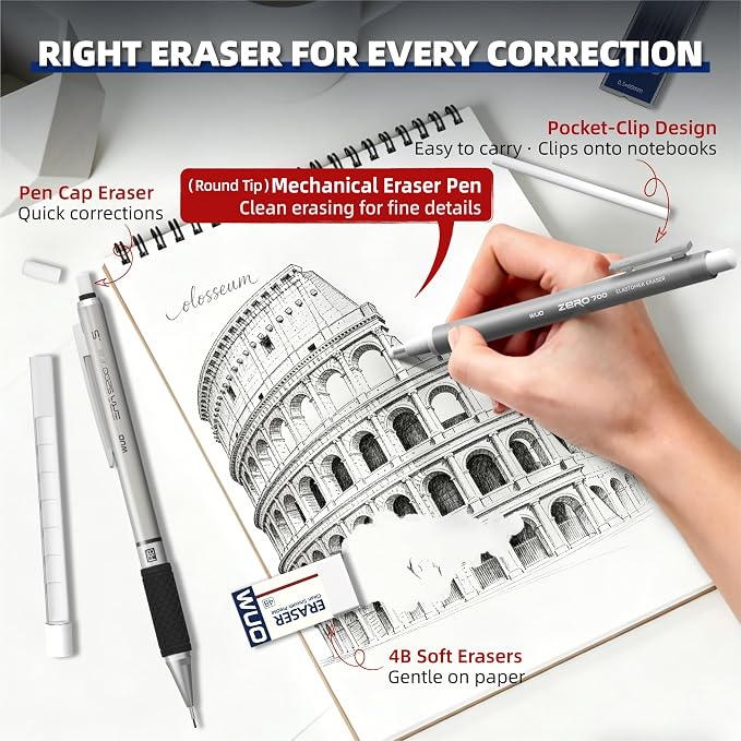 WUO 0.5mm Mechanical Pencil Set in Storage Case, 1 Eraser Pen, 12 Eraser Refills - Image 2