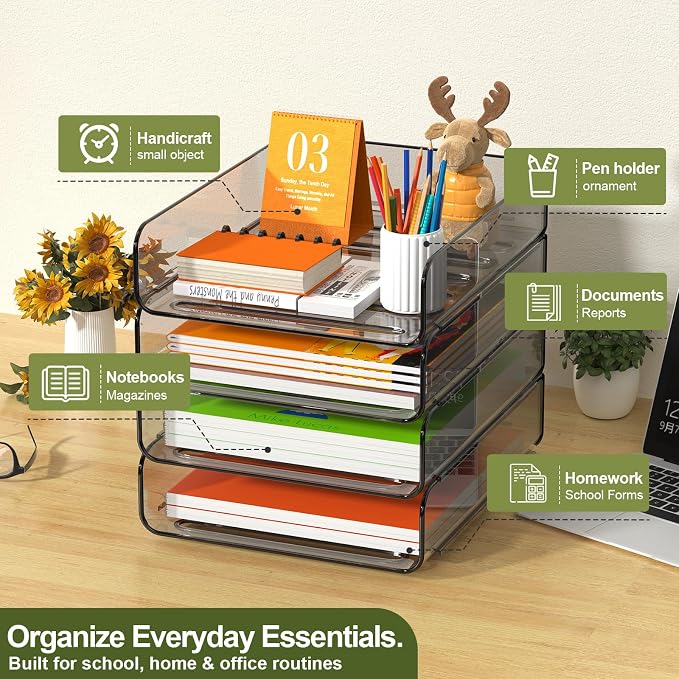 FANXIYQ 4-Tier Acrylic Paper Tray Organizer, Smoked Brown Stackable Desk File - Image 4