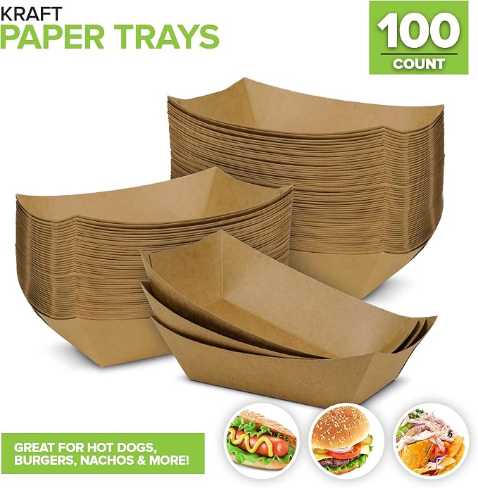 100 Pack 2-Lb Brown Kraft Paper Food Trays, Heavy-Duty Paper Food Boat - Image 2