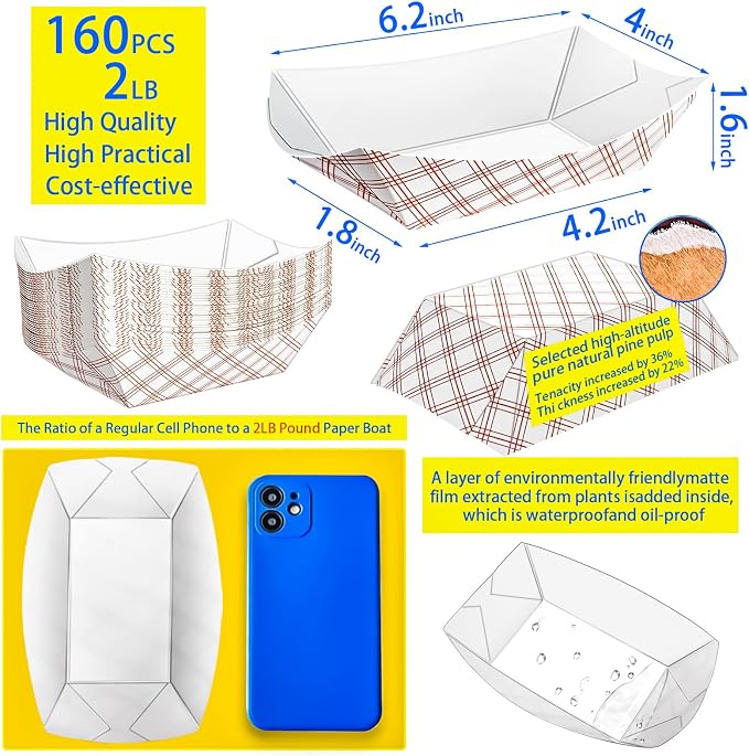 160 Pack Checkered 2Lb Paper Food Boat Trays Disposable Paper Boats Containers - Image 2