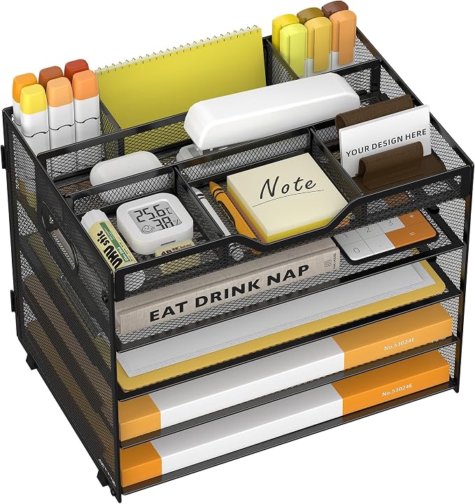5 Tier Paper Letter Tray with 3 Drop-in Pen Holders, Mesh Desk File Organizer by OrgMate
