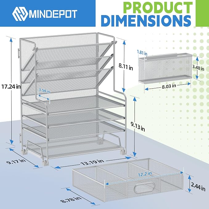 MINDEPOT 4-Tier Paper Organizer + 3-Pocket File Holder + Drawer + Pen Holders - Image 2