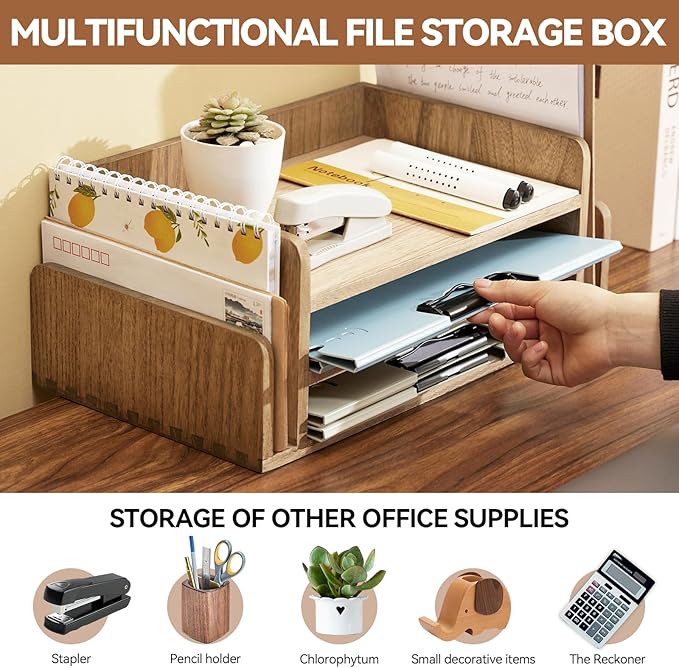 KIRIGEN Wood Desk Organizer 5 Trays, 3-Tier Desktop Document Letter Tray - Image 2