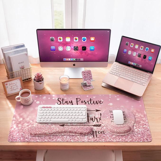 iCasso Mouse Pad, Large Pink Desk Mat Set, 4in1 XXL Mousepad + Keyboard Wrist by iCasso