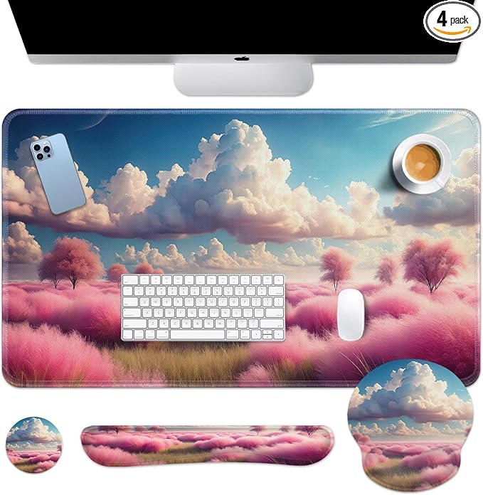 Britimes Dreamy Clouds Pink Plants Keyboard Mouse Pad Set 4in1 Large by Britimes