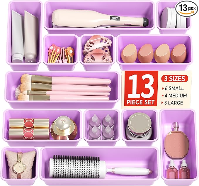 Canfanni 13 Pack Plastic Drawer Organizers Set, 3 Sizes Desk Drawer Organizer by Canfanni
