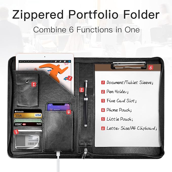Zippered Padfolio Organizer, WRIYES Leather Planner Binder, 10.2 Inch Portfolio - Image 2