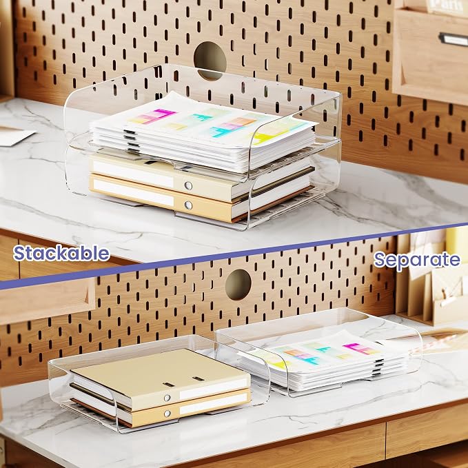 Tomorotec 2 Pack Clear Stackable Letter Tray, A4 Desk File Organizer Set | - Image 3