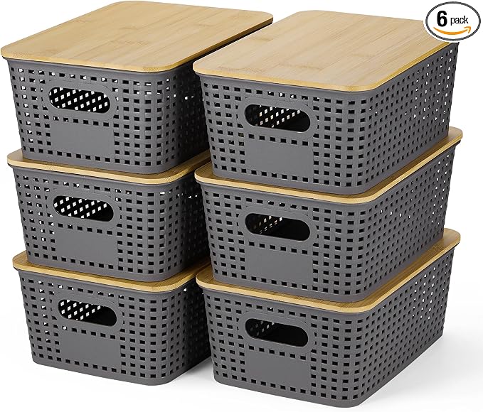 Plastic Storage Baskets With Bamboo Lid by OHMLOVE