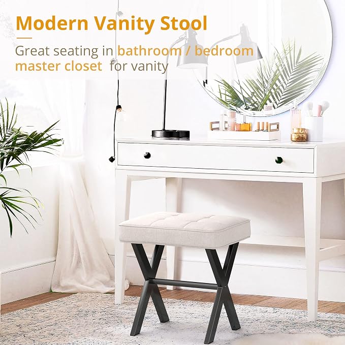LUE BONA Ottoman Foot Stool Vanity Stool, Square Linen X-Leg Foot Rest Ottoman - Image 3