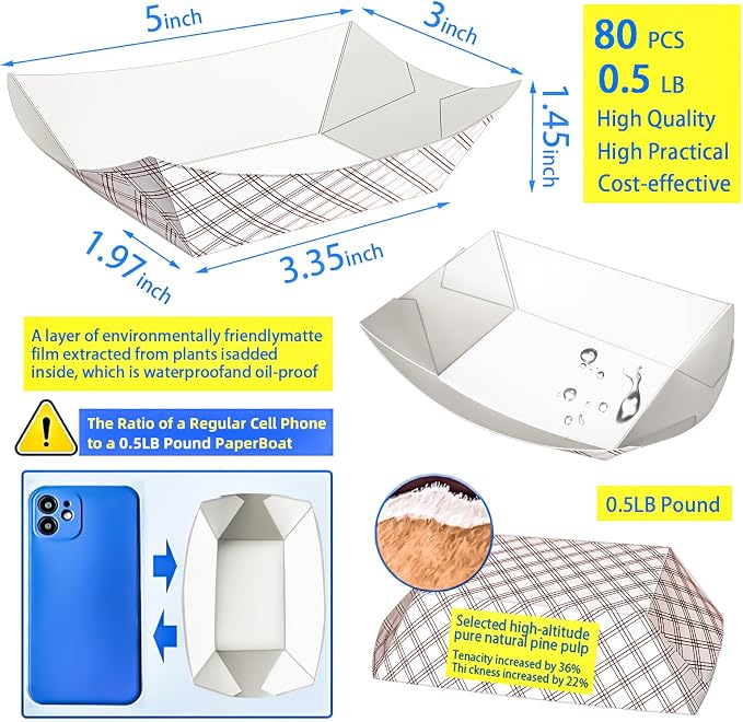 80 Pack Checkered 1/2Lb Paper Food Boat Trays Disposable Small Paper Boats - Image 2